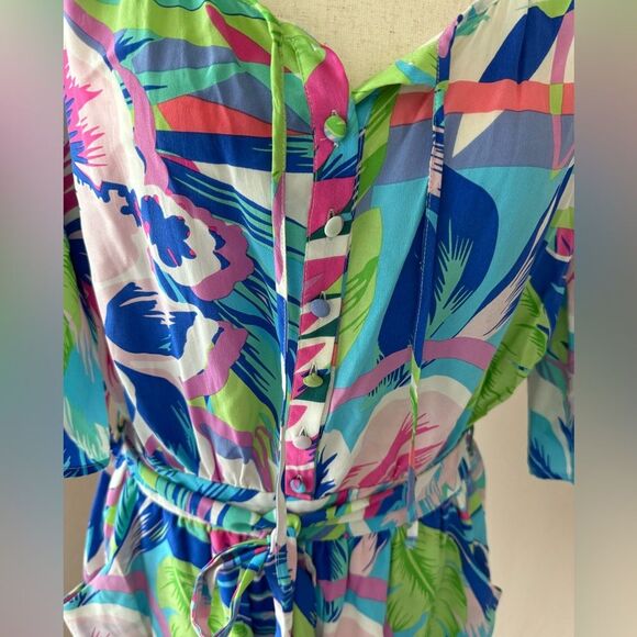 Yumi Kim 100% silk romper tropical  pockets, tie sleeves and button detail. L - Picture 6 of 16